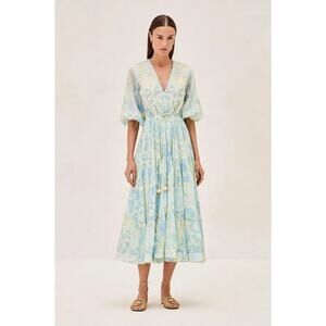 NWT Alexis Vine Print Vilas Tiered Tie Waist Midi Dress Blue Women's Size Small